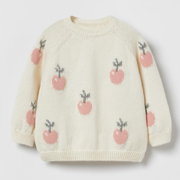Zara Other - ZARA Baby Cream Knit Sweater with Pink Apple Pattern (Size 3–6 Months / 68 cm)